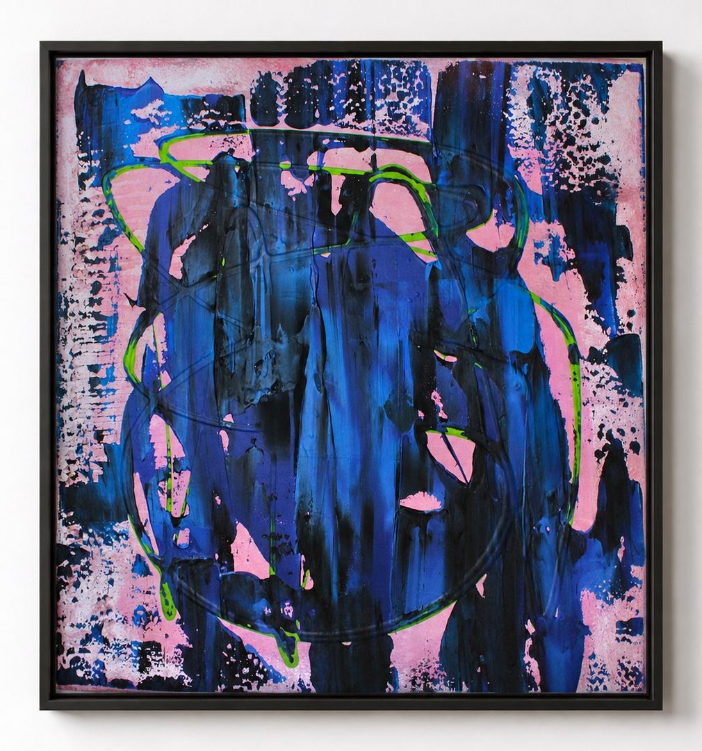 Blue and pink vertical strokes, in a black frame