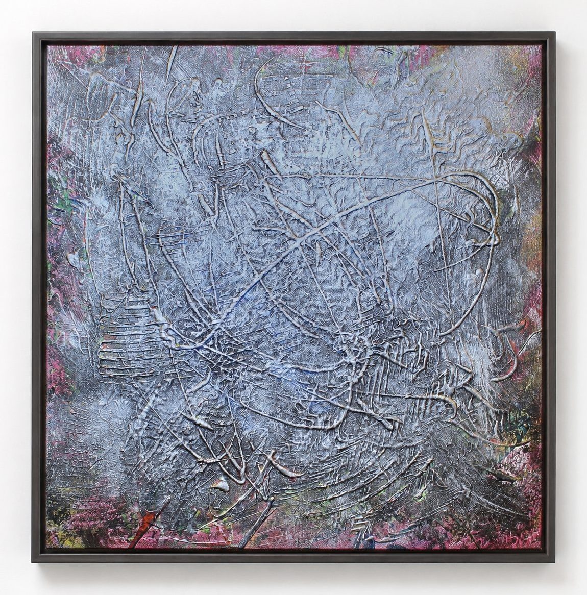 Pale grey scratched lines on a silver ground, in a black frame