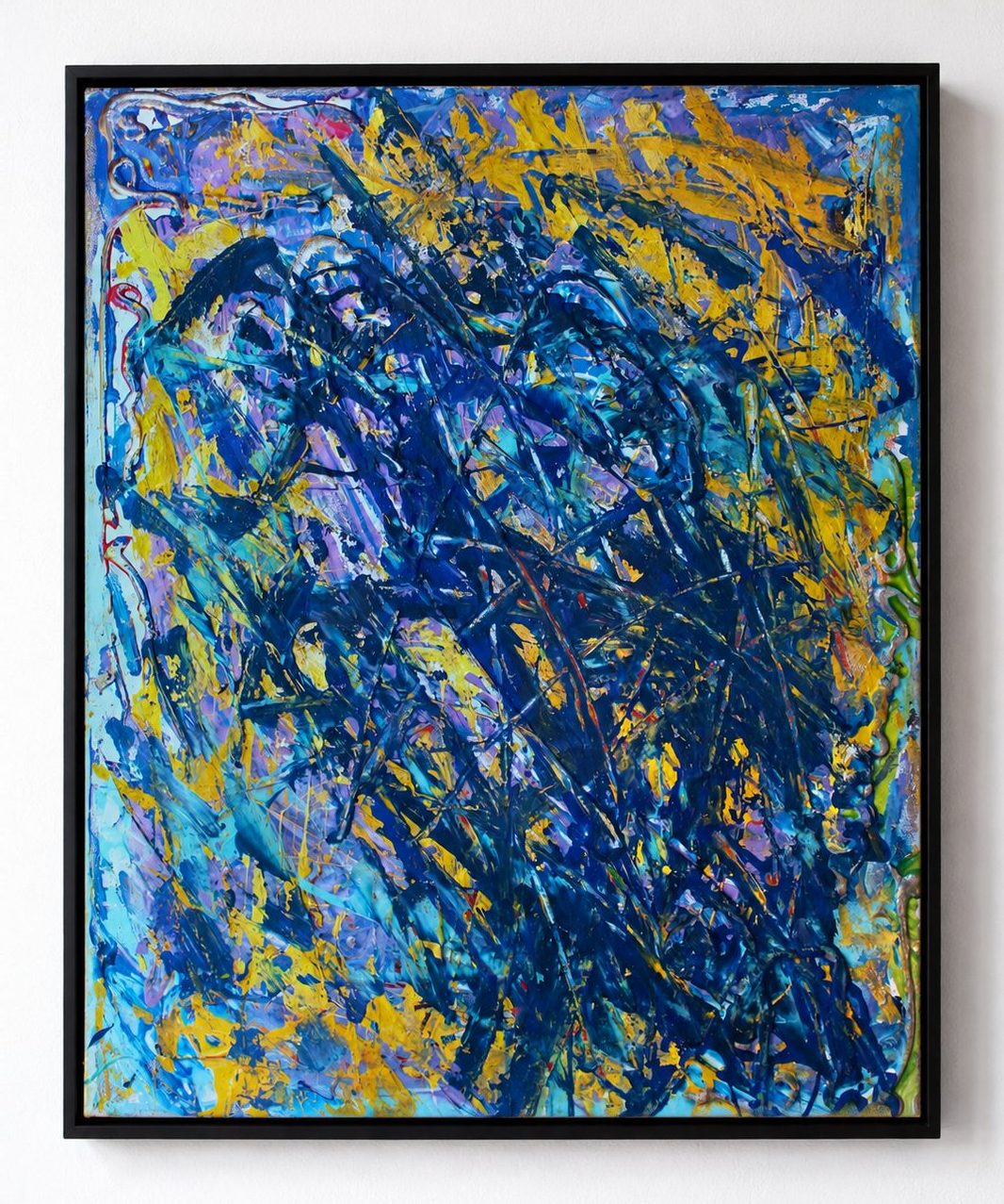 Dark blue strokes with yellow flecks, in a black frame