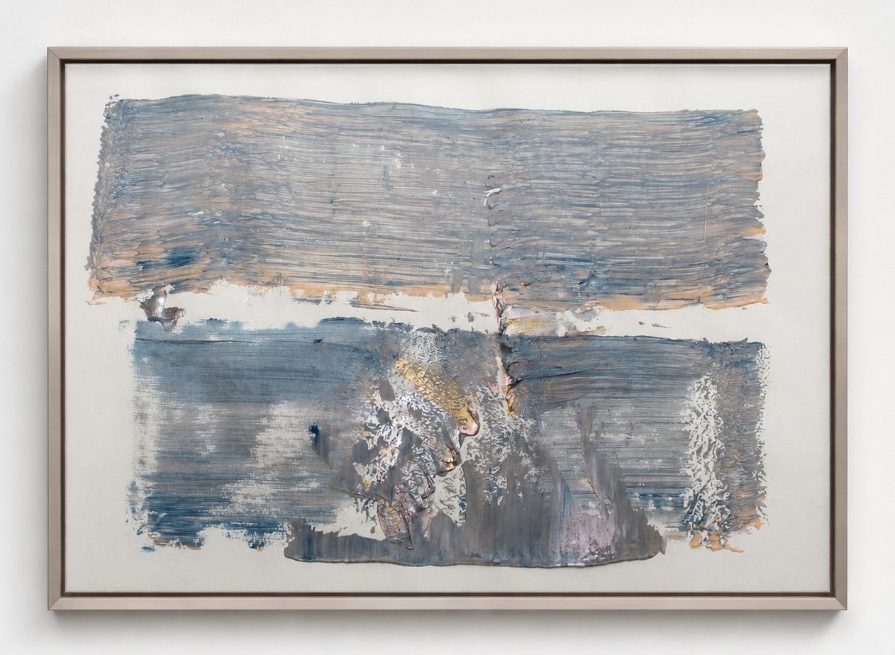Two grey bands, one dark and one pale, in a pale oak frame