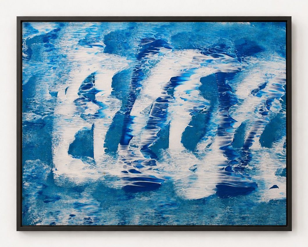 A blue and white wave-combed canvas, in a black frame