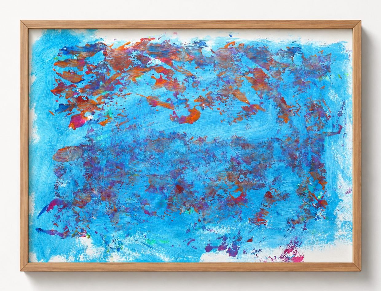 Rust flecks over a bright blue ground, in a black frame