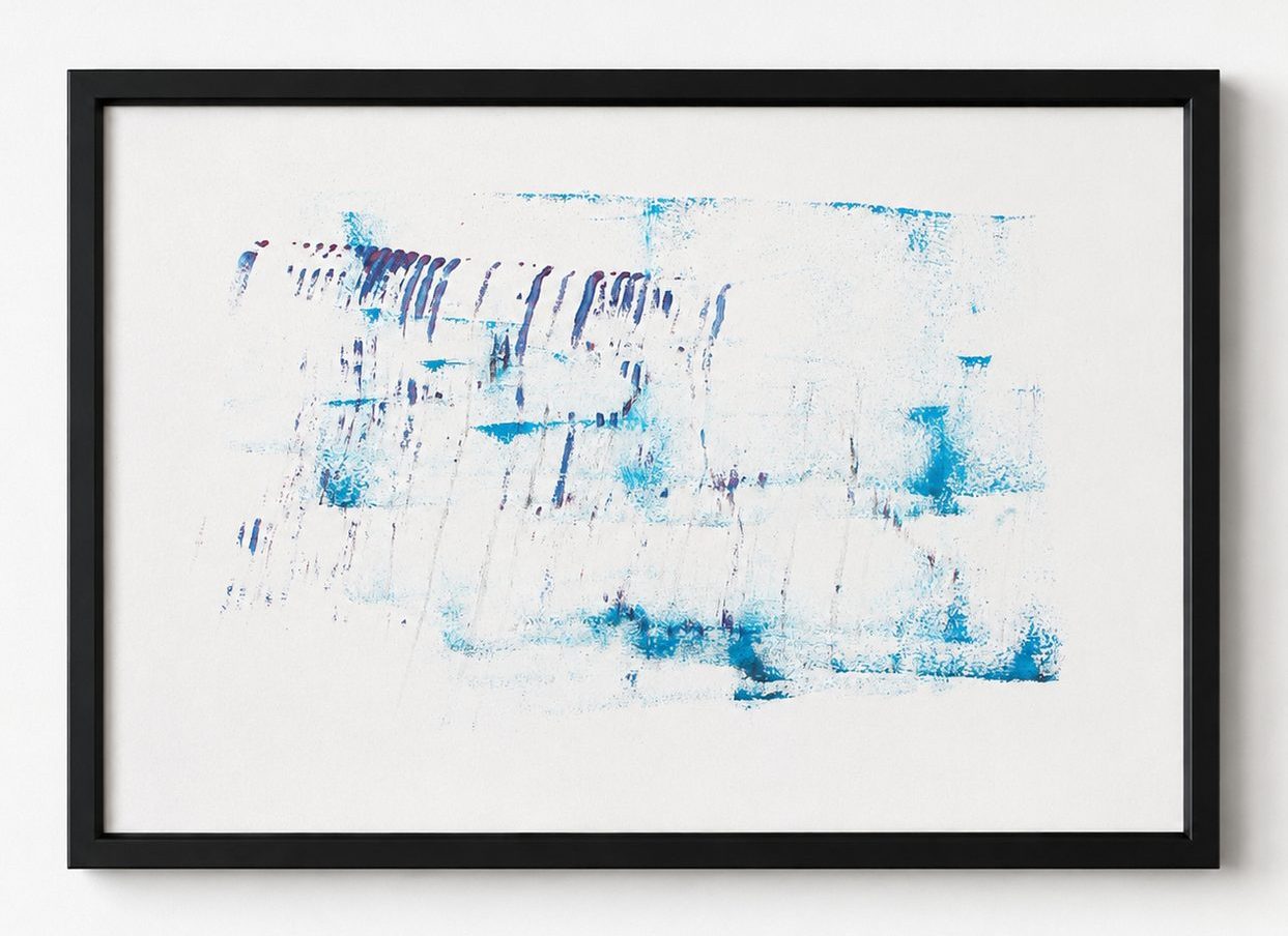 Pale blue combing on white paper, in a black frame