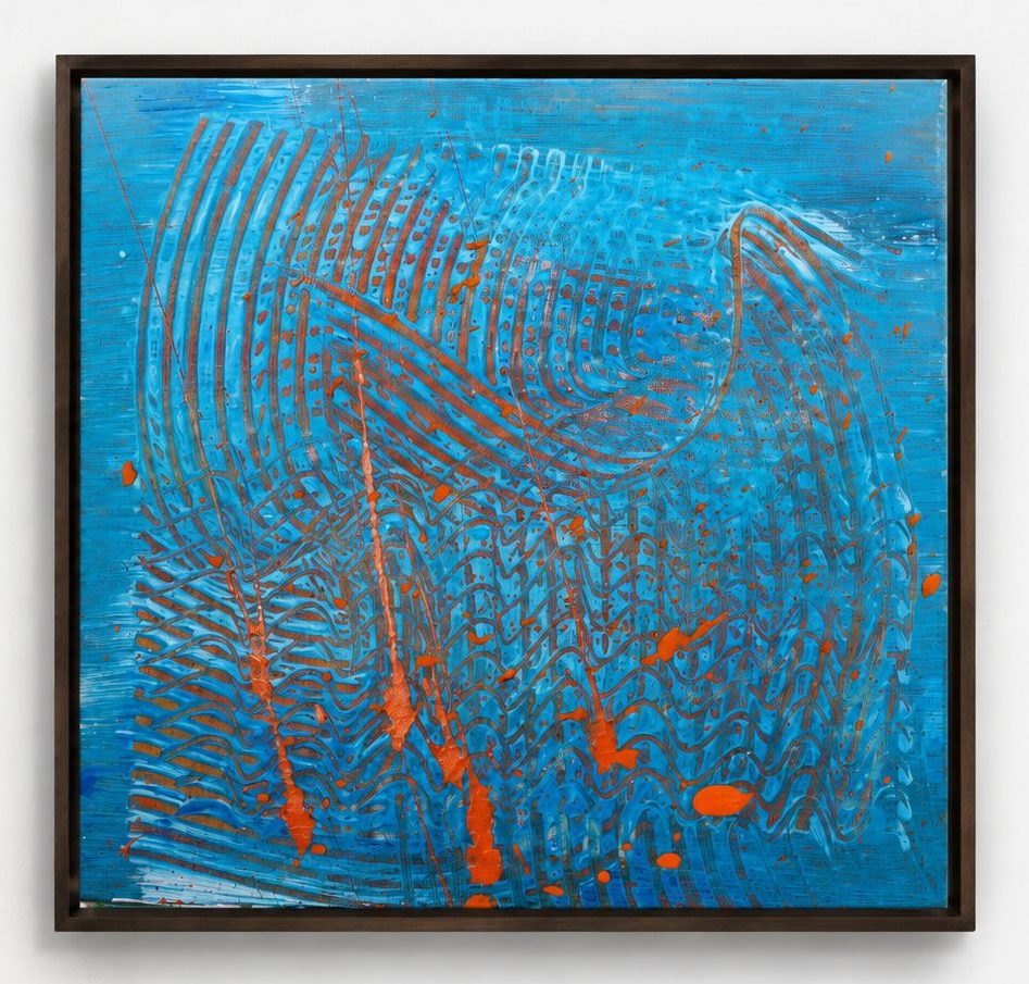 Blue combed arcs with orange flecks, in a pale oak frame