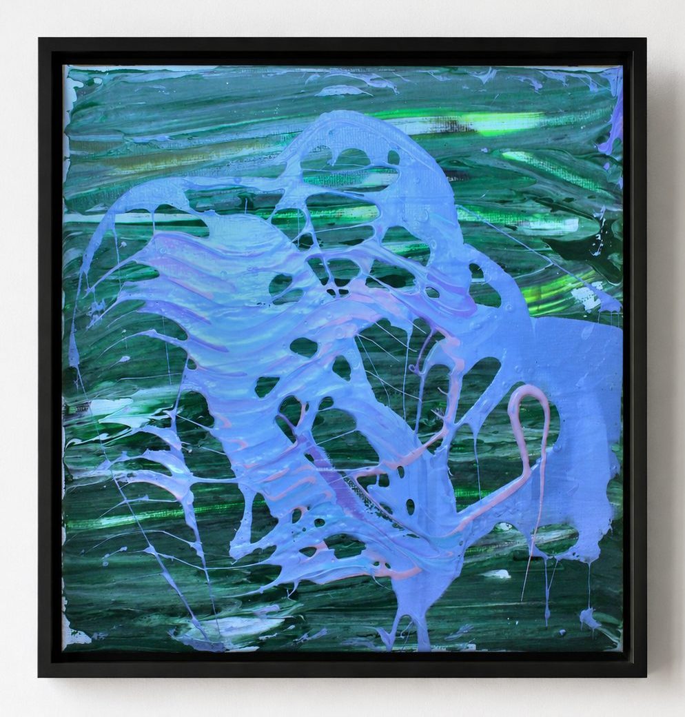 A pale blue form on a deep green ground, in a black frame