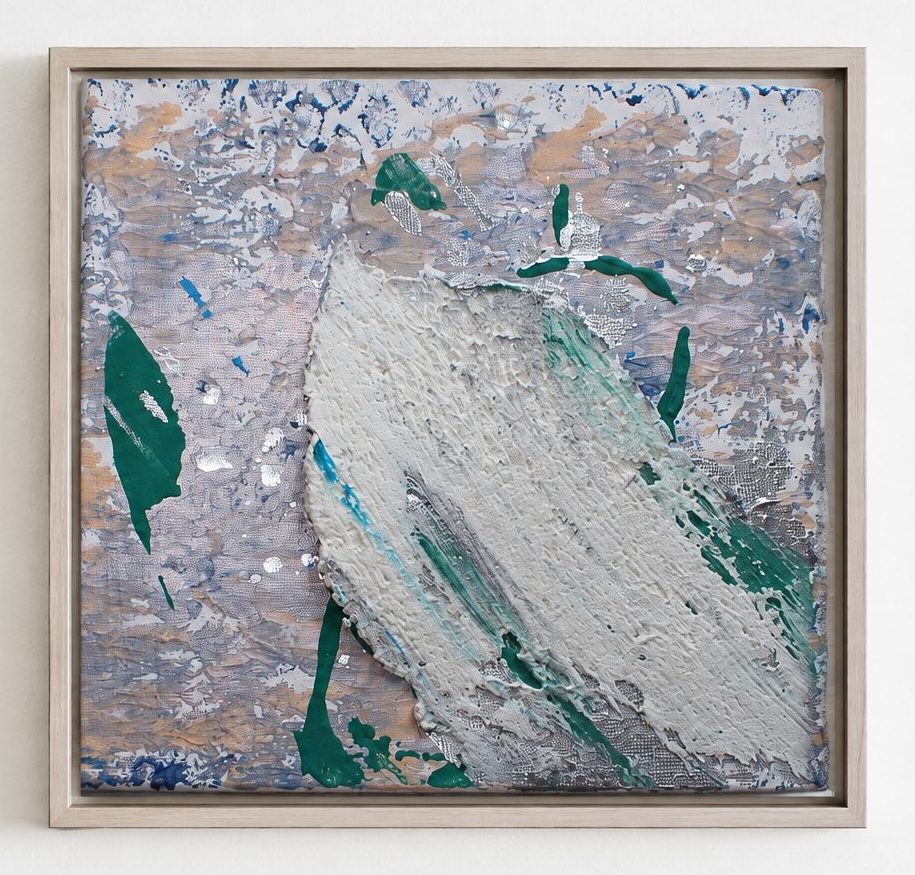 A white sweep with green shards on grey, in a pale oak frame
