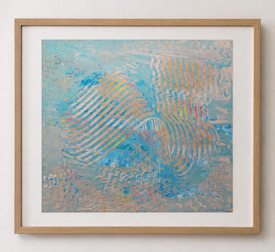 Pale blue combed waves on grey, in a pale oak frame