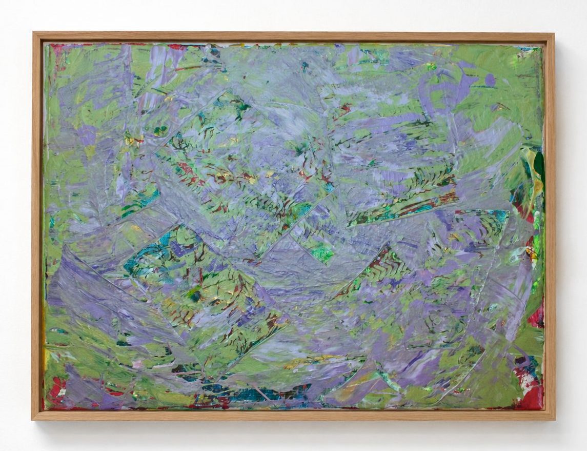 Lilac and green mottled strokes, in a pale oak frame